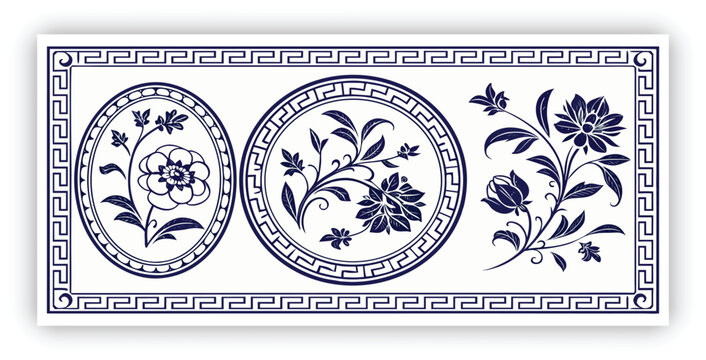 Traditional Chinese porcelain floral pattern, cobalt blue and white color palette, intricate flowers and vines, seamless decorative pattern set, square tiles, circular plate frame with greek key borde