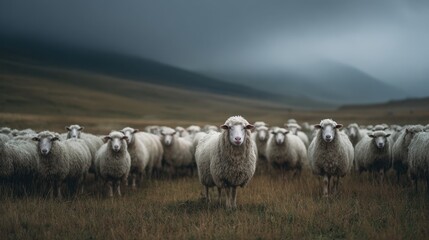 Fototapeta premium Flock of sheep standing alert on moorland plain