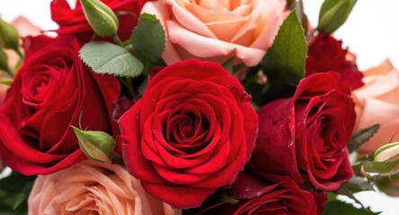 Naklejka premium Artistic closeup of a bright rose arrangement combining red and pastel flowers with leafy greens on white
