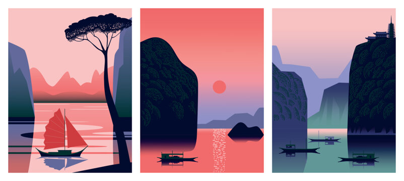 Set of posters with japanese or chinese romantic sunrise landscapes with boats in the front, sea, mountains and islands in the background. Handmade drawing vector illustration.