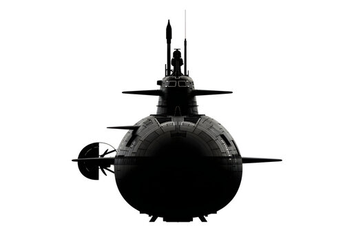 A sleek submarine surfacing with visible periscopes and hydrophone arrays on deck