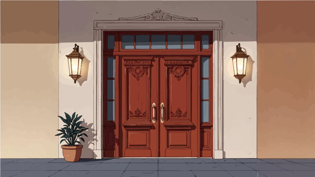 Ornate classical double wooden doors with lanterns on elegant building facade vector illustration