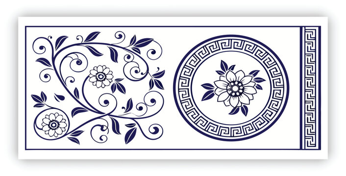 Traditional Chinese porcelain floral pattern, cobalt blue and white color palette, intricate flowers and vines, seamless decorative pattern set, square tiles, circular plate frame with greek key borde