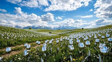 Flowering field with blue and white tulips under a cloudy sky 