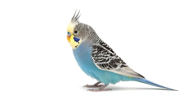 Side portrait of a blue crested budgerigar perched on white background