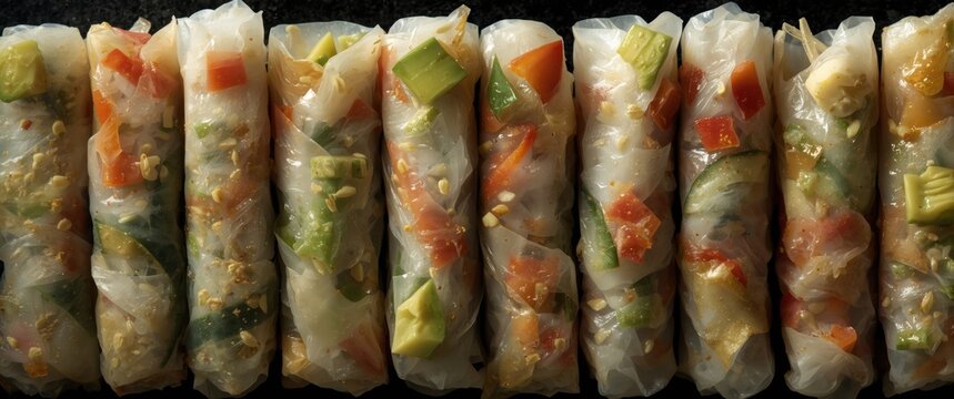 Rice paper spring rolls loaded with fresh bell pepper avocado and cucumber arranged in vertical order