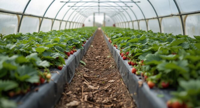 Plasticulture method for growing strawberries on mulch in walk-in tunnel greenhouses