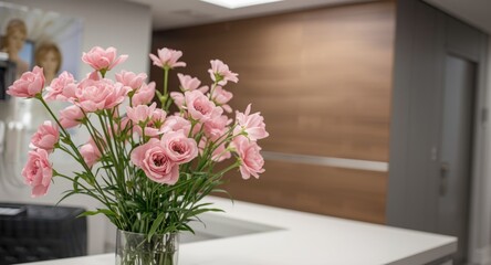 Fototapeta premium Medical office lobby reception decorated with delicate pink flowers in a vase