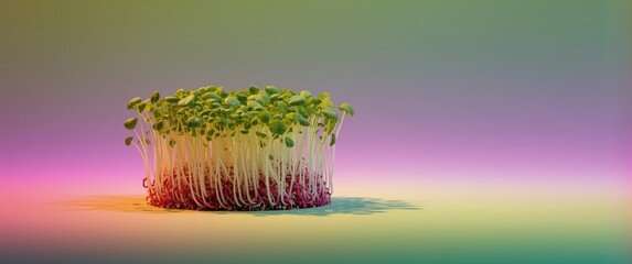 Fresh snow pea microgreens and mung sprouts on a lively colorful gradient highlight health trend