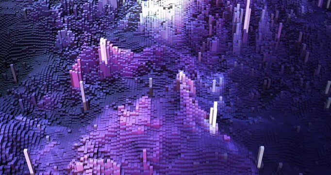 Abstract technology concept with camera moving over 3d voxel grid. Abstract 3D background animation.