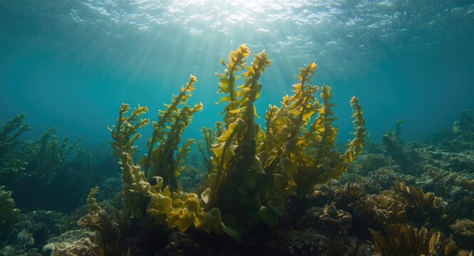 Beneath the sea kelp forest dominated by tall Ecklonia maxima and swaying Laminaria pallida foliage in foreground