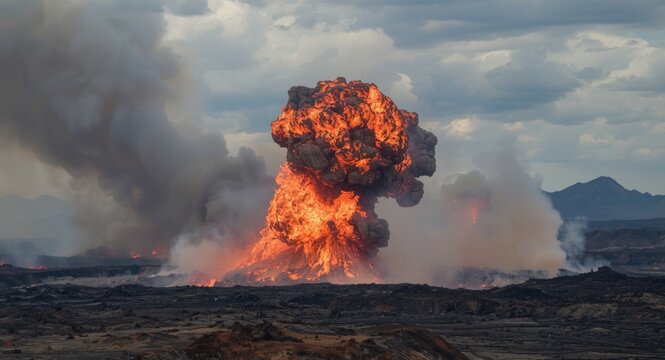 Several simultaneous blasts causing ground eruptions and smoke
