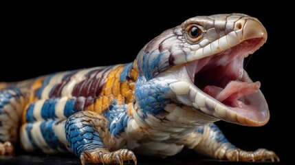 Fototapeta premium Colorful lizard opening mouth on black studio background