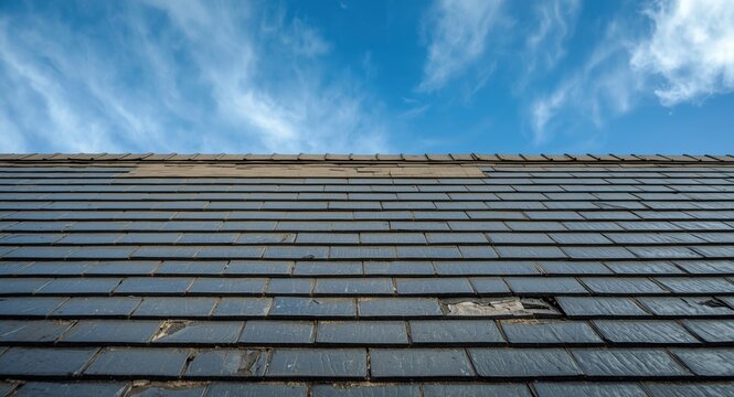 Slate roof with shingle decay and missing pieces under an intense blue sky reflecting outdoor wear
