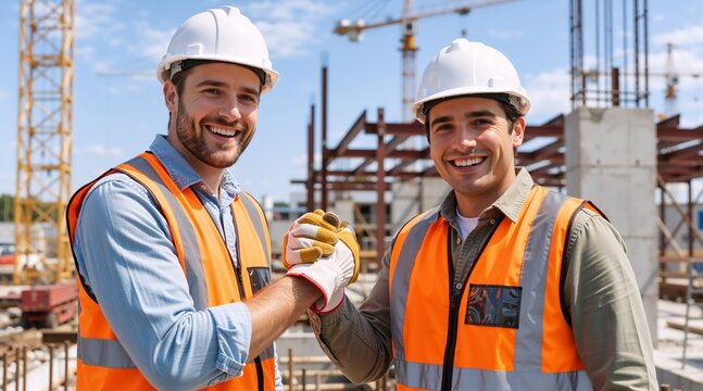 Two smiling construction workers shaking hands at a building site. Happy male builders in safety gear celebrating a successful partnership