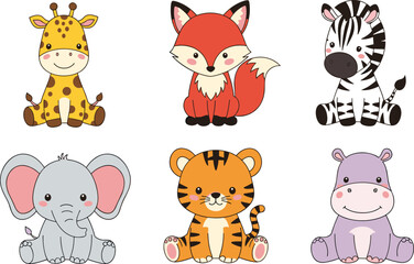 Obraz premium Cute Cartoon Animal Set Featuring Giraffe, Fox, Zebra, Elephant, Tiger, and Hippo Characters for Kids Nursery Design, Wildlife Illustration, and Educational Projects.