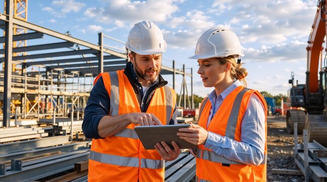 Male and female construction workers using a tablet on site. Engineers in safety gear discussing a building project in front of a steel framework. Teamwork and collaboration concept