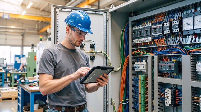Electrician using a tablet to inspect an electrical control panel. Male technician in a blue hard hat troubleshooting complex wiring and circuit breakers in an industrial workshop