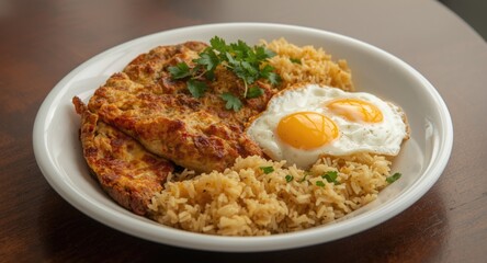 Fototapeta premium Filipino breakfast served with longsilog, egg frittata, and garlic fried rice