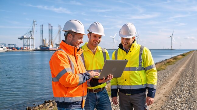 Team of engineers using laptop at industrial port with wind turbines. Smiling maritime workers in safety gear collaborating on renewable energy project near harbor