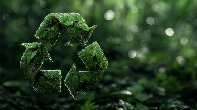Eco symbols in focus: celebrating a greener planet. Pure reality. Lively eco imagery: a recycle sign surrounded by nature's hues. Natural mood. Press photo.