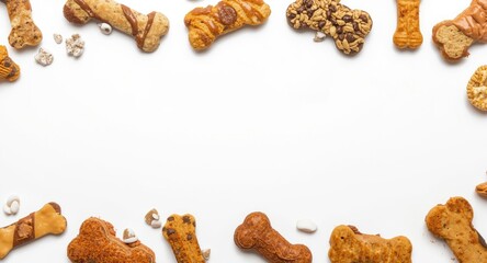 Fototapeta premium Nutritious dog goodies laid out on a white backdrop suitable for pet food website advertising