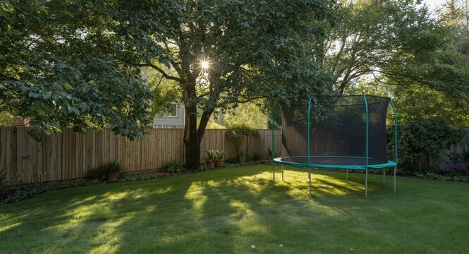 Idyllic backyard tableau with trampoline brightened by sunlight passing through full verdant trees by a wooden fence copy space