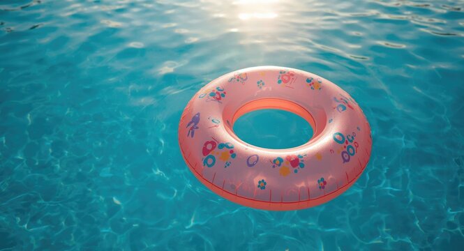 Playful inflatable ring floating gently in cool blue swimming pool water under a soothing summer sun setting a calm mood
