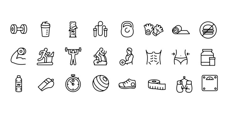 Gym icon set. Fitness linear icons for barbell, protein, jump rope, weight lifting, muscle, fit body, slim body, boxing gloves, bottle, and mat. Editable line vector illustration.