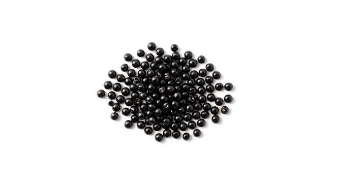 Plain white background displaying collected black tapioca pearls for bubble tea
