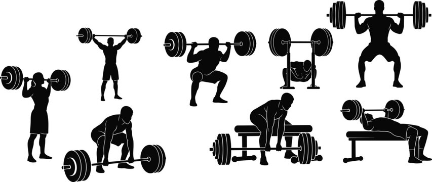 Barbell strength training silhouette set with squat deadlift bench press and overhead lifting exercises isolated on white background