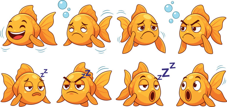 Cute goldfish emotion cartoon set with happy sad angry sleepy and surprised expressions in colorful kawaii style isolated on white background