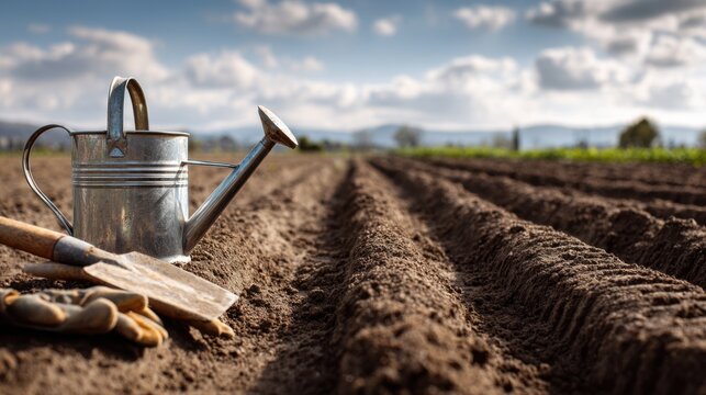 Freshly plowed agricultural field with a hoe placed in the soil under blue sky. Farming concept, manual labor, rural landscape and traditional agriculture with perspective furrows and copy space.