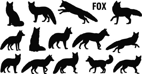 Fototapeta premium Fox silhouette set with wild animals jumping and walking in various poses cad drawing flat vector illustration flavector for forest (20 words)