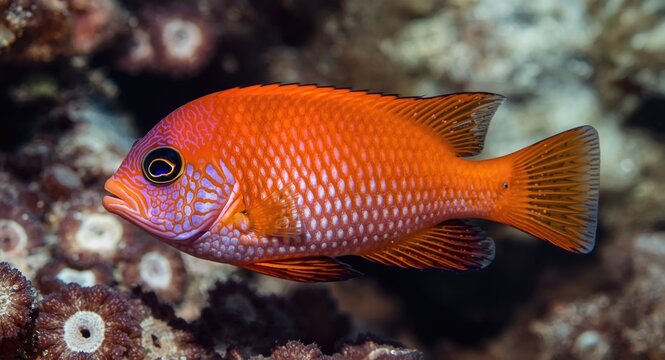 Lyretail Anthias Coralfish displaying vivid scales in clear ocean water