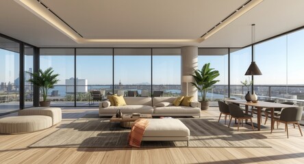 Obraz premium Modern living space with panoramic windows and a rooftop terrace design