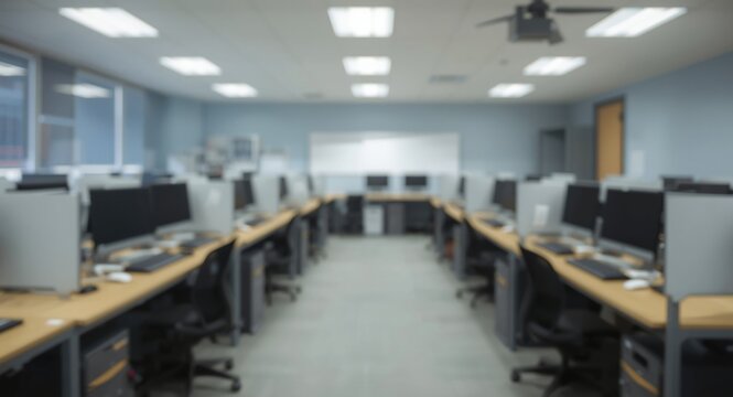 Blurred abstract background of empty computer lab with rows of desktops and copy space