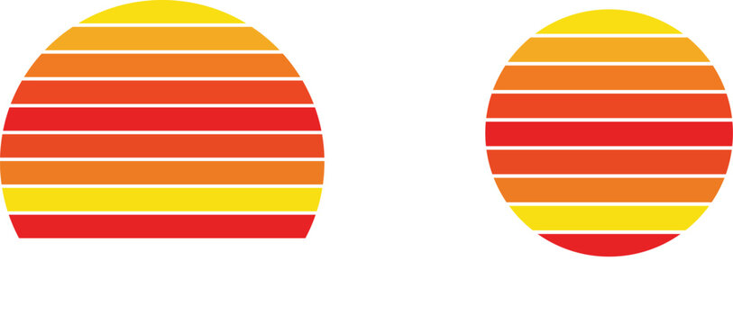 Retro Sunset Circle Vector with 70s Vintage Stripes, Warm Orange Red Yellow Minimal Flat Design