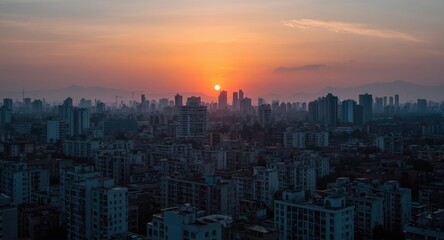 Fototapeta premium Dawn breaking over a dense cluster of urban office buildings