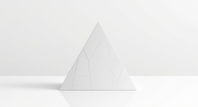 Minimalist white triangular pyramid accentuating geometric patterns on a spotless surface