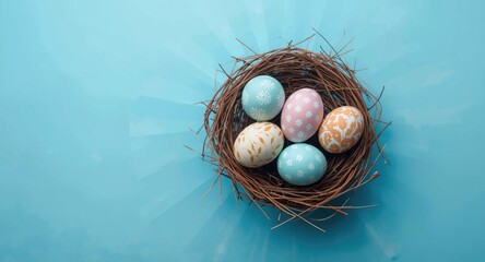 Obraz premium Pastel painted eggs in natural bird nest on radiant blue surface for Easter banner with copy space