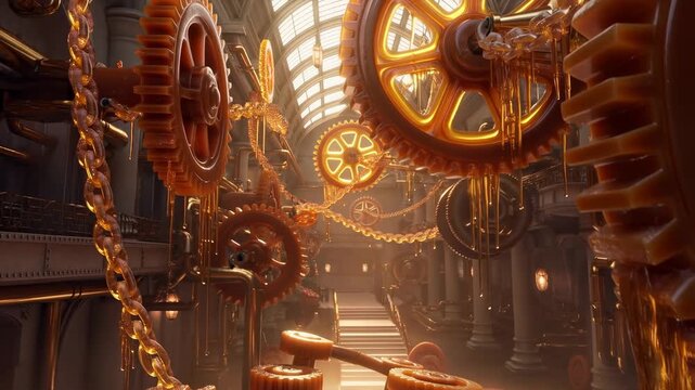 Tracking shot of large dripping gears turning inside ornate industrial hall with chains and warm light