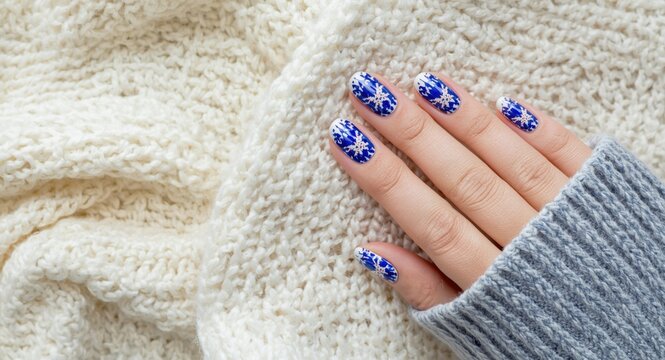 Hand adorned with fashionable blue and white geometric nail patterns against a soft knit surface