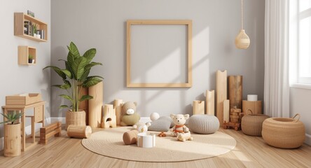 Fototapeta premium Playful children's space furnished with raw wood pieces and a mock up wall frame