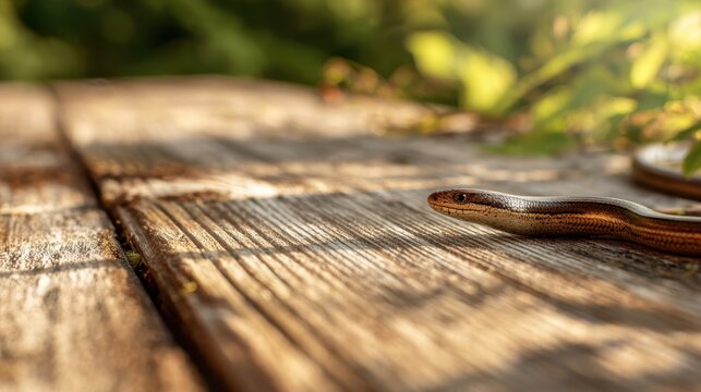Slow worm moving along sunlit wooden plank near foliage