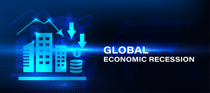 Economic recession concept with declining financial graph and crisis indicator icon. Global economy slowdown showing market downturn, reduced growth and financial instability.