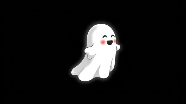 A cute ghost character waves with rosy cheeks on a black background.