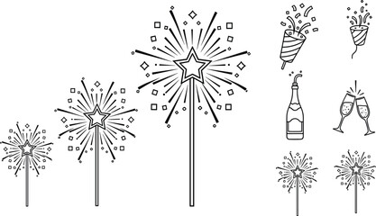 Obraz premium Hand Drawn Celebration Icon Set Featuring Fireworks Sparklers, Champagne Bottle, Party Glasses, and Festive Elements for Holiday Events and Party Design Projects.