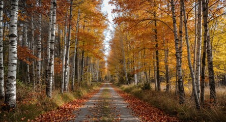 Fototapeta premium A colorful forest path lined with birch trees under a bright autumn sky