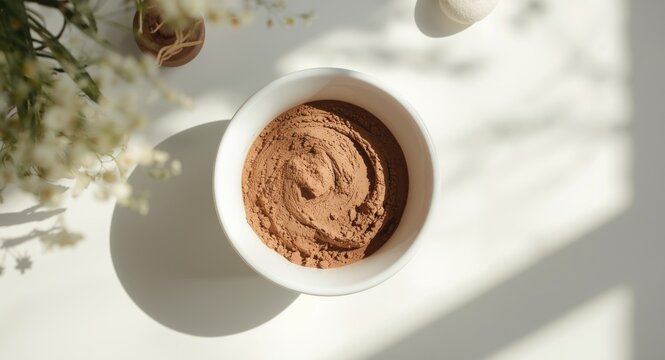 DIY spa mask with bentonite clay in white bowl natural treatment top view copy space